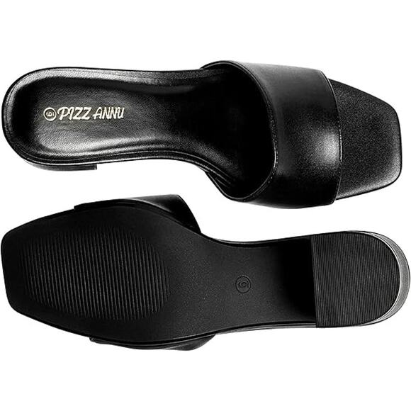 Pizz Annu Womens 8 Black Faux Leather Open Toe Slide On 2.5" Block Heel Shoes - Picture 3 of 6